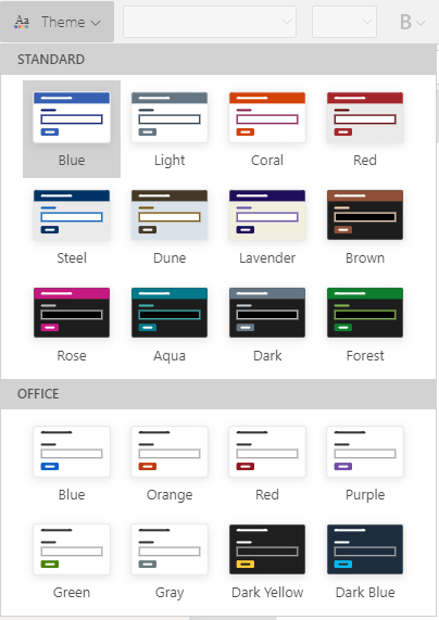 an image showing the Theme menu options in the Power Apps canvas studio