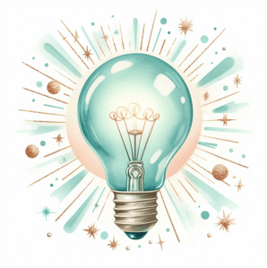 illustration of a lightbulb, with light teal details, surrounded by mid-century style sparkles in a watercolor style