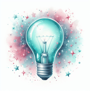 illustration of a lightbulb, with light teal details, surrounded by mid-century style light purple-red sparkles in a watercolor style