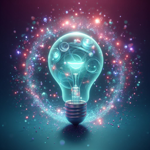 illustration of a lightbulb, with light teal details, surrounded by mid-century style light purple-red sparkles in a 3d render